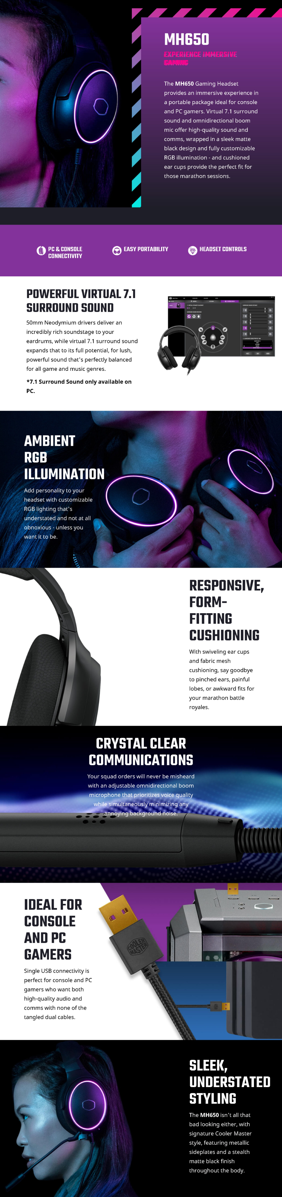 Cooler Master MH650 / MH-650 RGB Gaming Headset Virtual 7.1 Surround Omnidirectional Mic & USB Connectivity : NB Plaza