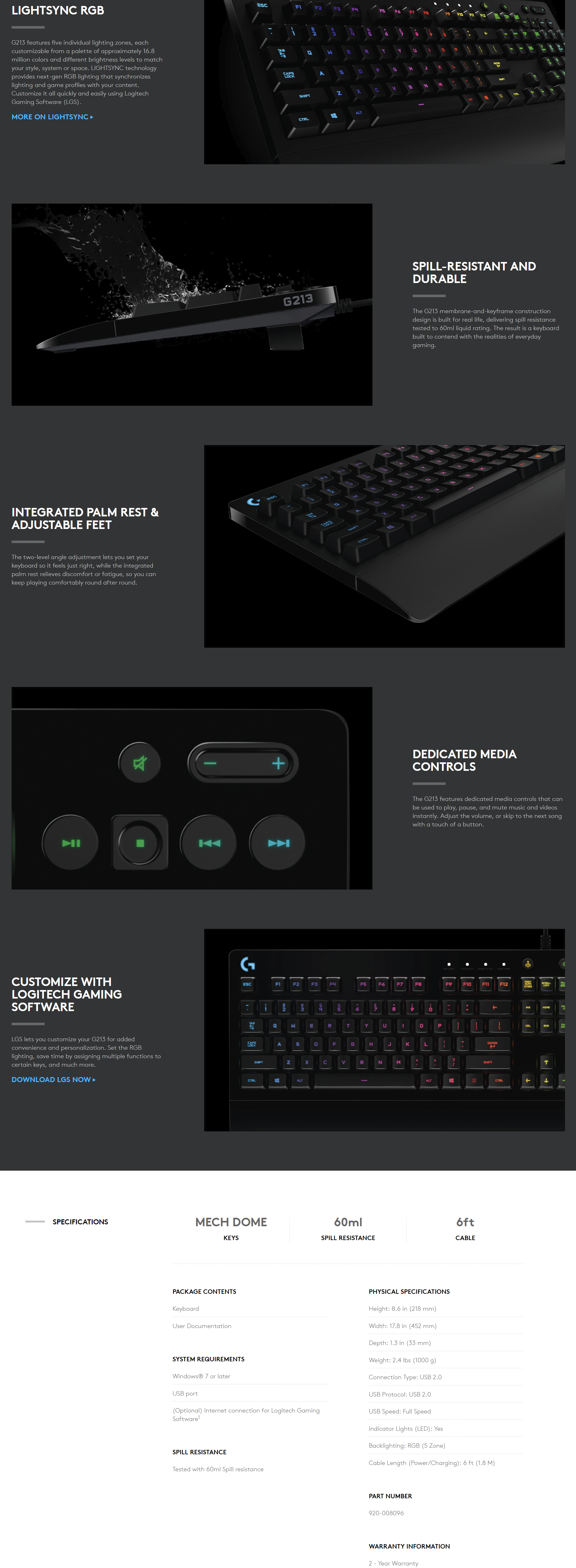 Logitech G213 Prodigy RGB Gaming Keyboard : NB